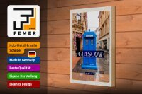 Holzschild Reise 20x30cm Glasgow Scotland Blaue Police Zelle