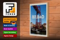 Holzschild Reise 20x30cm Retro Bilbao spain Hafenstadt Berge