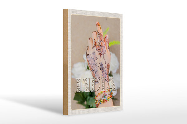 Holzschild Reise 20x30cm Indien Henna Hand Tradition Blume