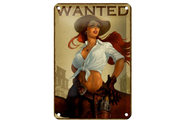 Blechschild Pinup 12x18cm wanted Cowgirl Wanddeko