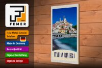 Holzschild Reise 20x30cm Italien Riviera Stadt Strand Wellen