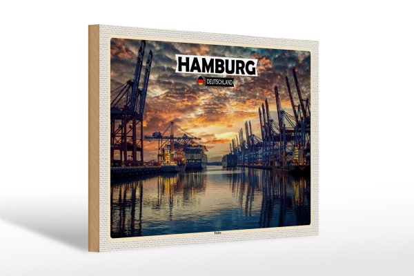 Holzschild Städte Hamburg Hafen Sonnneuntergang 30x20cm