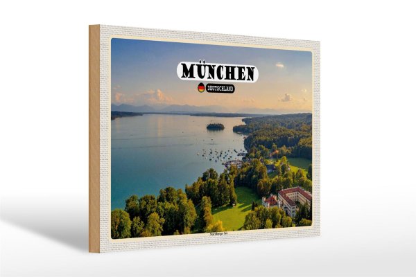 Holzschild Städte München Blick auf Starnberger See 30x20cm