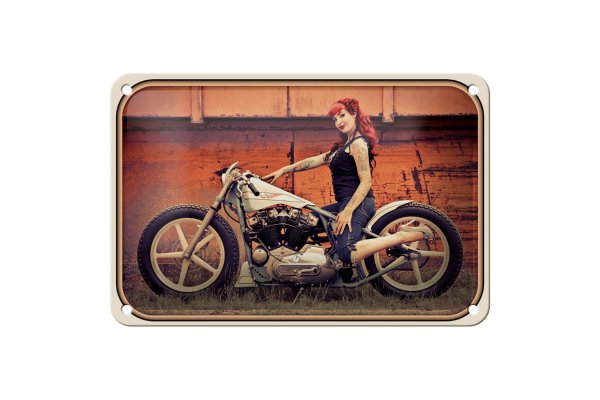 Blechschild Motorrad 18x12cm Biker Girl Frau Pin up