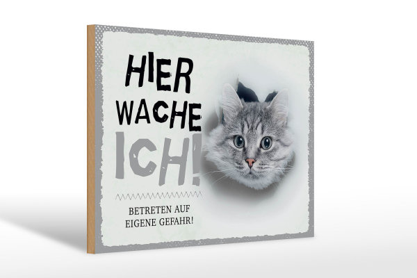 Holzschild Spruch 30x20cm Katze hier wache eigene Gefahr
