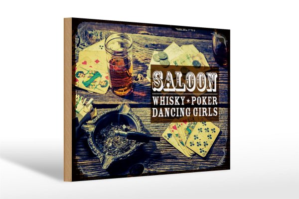 Holzschild Hinweis Saloon Whisky Pokerkarten 30x20cm