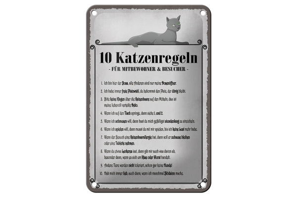 Blechschild Spruch 12x18cm 10 Katzenregeln ich bin der Boss