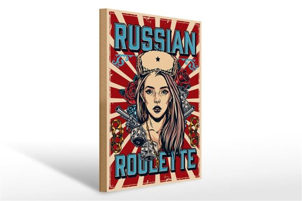 Holzschild Pinup 30x40cm russian roulette