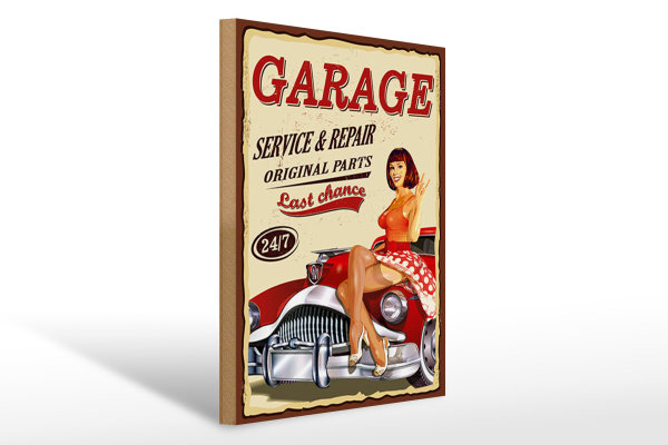 Holzschild Pinup 30x40cm Retro Garage service repair 24/7