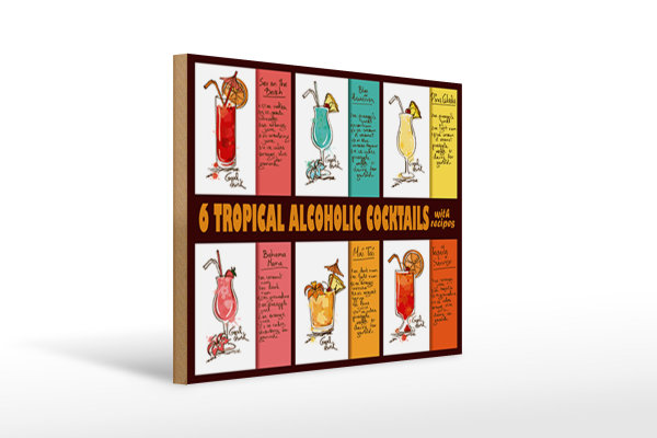 Holzschild Alkohol 40x30cm 6 tropical cocktails recipes