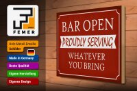 Holzschild Spruch 40x30cm Bar open proudly serving