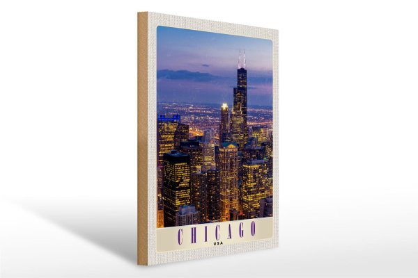 Holzschild Reise 30x40cm Chicago Amerika USA Hochhaus Abend