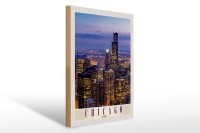 Holzschild Reise 30x40cm Chicago Amerika USA Hochhaus Abend