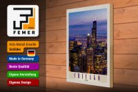 Holzschild Reise 30x40cm Chicago Amerika USA Hochhaus Abend