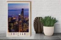 Holzschild Reise 30x40cm Chicago Amerika USA Hochhaus Abend