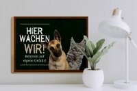 Holzschild Spruch 40x30cm Hund Katze hier wachen wir grünes Schild