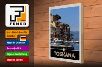 Holzschild Reise 30x40cm Toskana Italien Hafen Boote Gebäude
