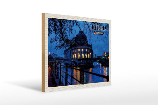 Holzschild Städte Berlin Museumsinsel Nacht Abend 40x30cm