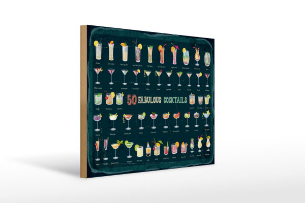 Holzschild 50 Fabulous Cocktails Drinks 40x30cm