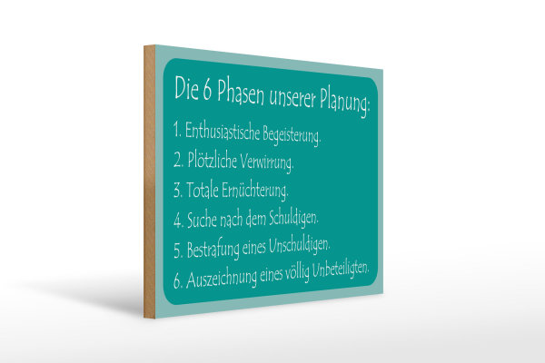 Holzschild Spruch 40x30cm Die 6 Phasen unserer Planung