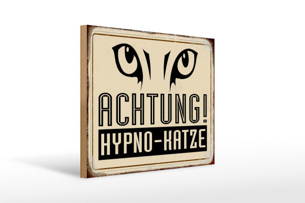 Holzschild Retro 40x30cm Achtung Hypno-Katze Schild