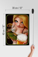 Holzschild Spruch 30x40cm Pinup Oh schon Bier Uhr