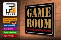 Holzschild Spruch 40x30cm Game room no cheating no fighting