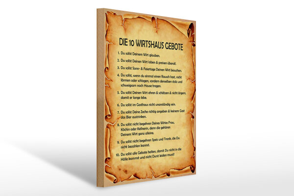 Holzschild Spruch 30x40cm die 10 Wirtshaus Gebote