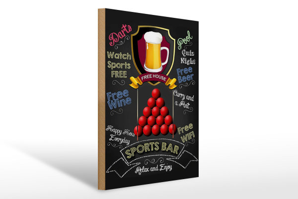 Holzschild Spruch 30x40cm sports bar Free WIFI free Beer