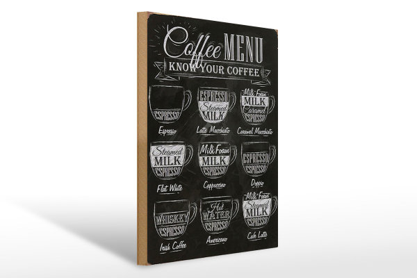Holzschild Kaffee 30x40cm Coffee Menu Espresso Latte Flat