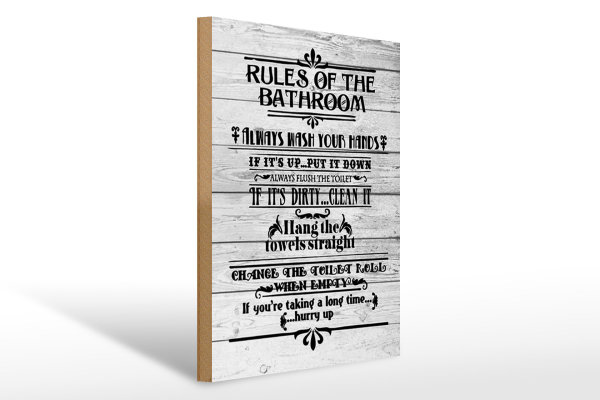 Holzschild Spruch 30x40cm rules of the bathroom wash hands