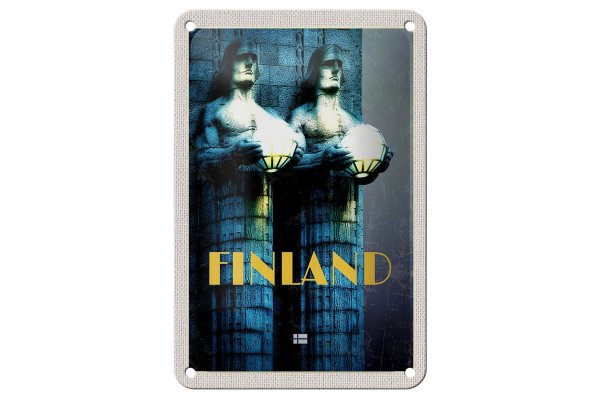 Blechschild Reise 12x18cm Finnland Skulptur Männer Mittelalter Schild