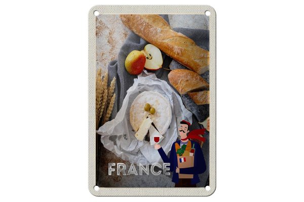 Blechschild Reise 12x18cm Frankreich Baguette Käse Birne Olive Schild