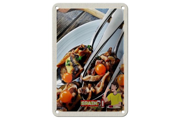 Blechschild Reise 12x18cm Spanien Europa Tomaten Pilze Teller Schild