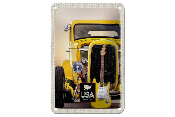 Blechschild Reise 12x18cm Amerika Oldtimer gelb Auto Gitarre Schild