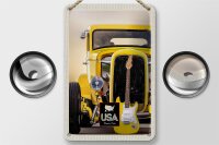 Blechschild Reise 12x18cm Amerika Oldtimer gelb Auto Gitarre Schild