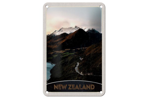 Blechschild Reise 12x18cm Neuseeland Gebirge Insel Stadt Straße Schild