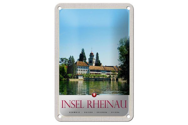 Blechschild Reise 12x18cm Insel Rheinau Schweiz Kirche Urlaub Schild
