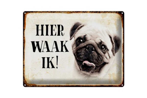 Blechschild Spruch 40x30cm holländisch Hier Waak ik Mops Deko