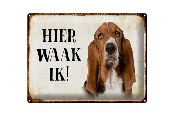 Blechschild Spruch 40x30cm holländisch Hier Waak ik Bassett Hund Deko